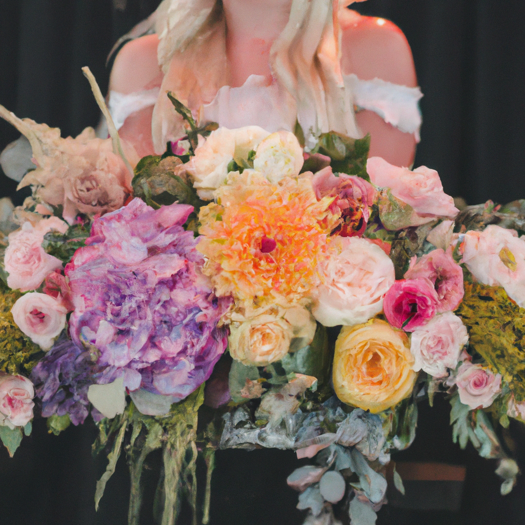 A vibrant and elegant display at a bustling Christchurch wedding expo, showcasing a variety of top trending wedding flowers, with florists arranging delicate peonies, lush greenery, and romantic roses
