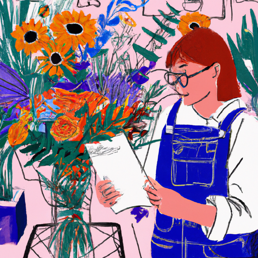 An elegant florist in a bright, trendy flower shop, arranging a diverse assortment of vibrant, freshly-cut flowers into a stylish bouquet, with a background featuring a guide on current floral design 