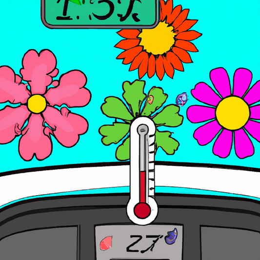 Various types of colorful flowers wilting inside a hot car under the bright sun, with visible heat waves and a thermometer showing high temperature.
