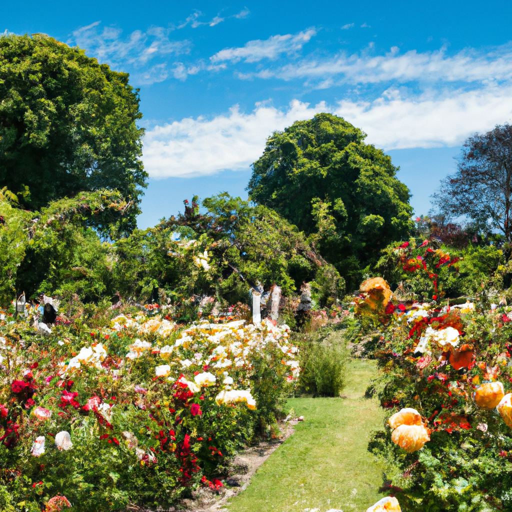 An enchanting garden in Christchurch filled with an array of colorful roses under a bright, sunny sky, with people of different ages and ethnicities leisurely enjoying the blooms and taking photograph