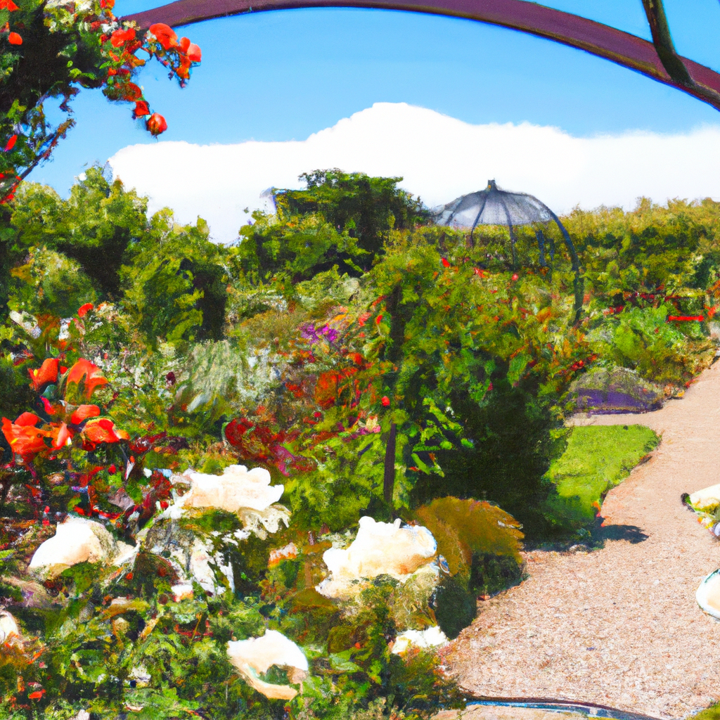 An enchanting spring day at the Christchurch rose gardens, with vividly colored blooms in a variety of shades, busy bees fluttering around, and quaint garden paths winding through the lush greenery, u