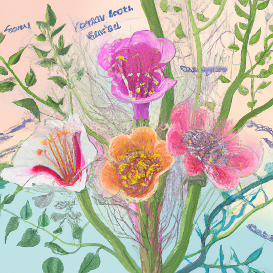 An enchanting botanical illustration showing an assortment of vibrant flowers and their underlying plant structures, interwoven with educational annotations describing their biological connections, se