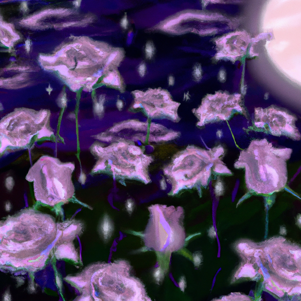 An ethereal garden at twilight, brimming with various shades of purple roses, dew sparkling on their petals, under a glowing moon with stars twinkling in the sky.
