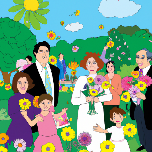 An elegant family gathering in a sunny garden, with each person of various ages joyfully holding a different type of flower, beautifully representing their personalities, amidst a backdrop of lush gre