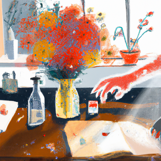 A cozy kitchen setting with morning sunlight streaming through the window onto a wooden table where a person gently revives wilting flowers using a spray bottle, surrounded by vases of vibrant blooms 