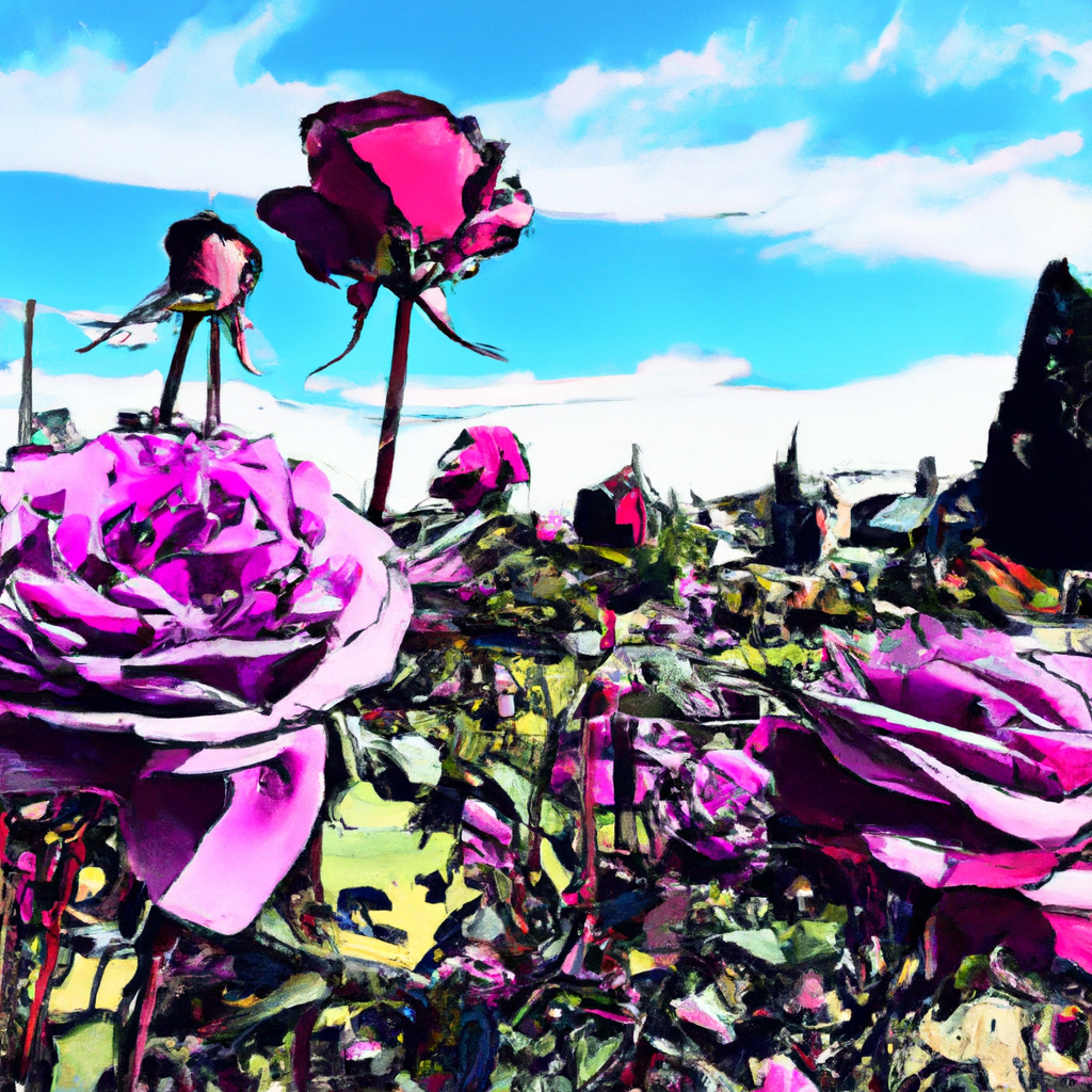 Beautiful purple roses flourishing in the charming gardens of Christchurch, New Zealand, with the picturesque cityscape and distant mountains under a clear blue sky.
