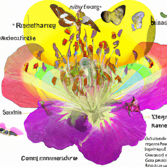 An illustrated cross-section of a colorful flower emitting a visible fragrance, surrounded by pollinating bees and butterflies, with scientific annotations explaining the biological processes involved