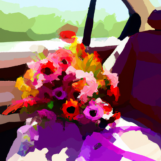 Artistic illustration of a bouquet of vibrant, colorful flowers wilting dramatically in the back seat of a hot, sunlit car, with visible heat waves and a blurred landscape passing by outside.