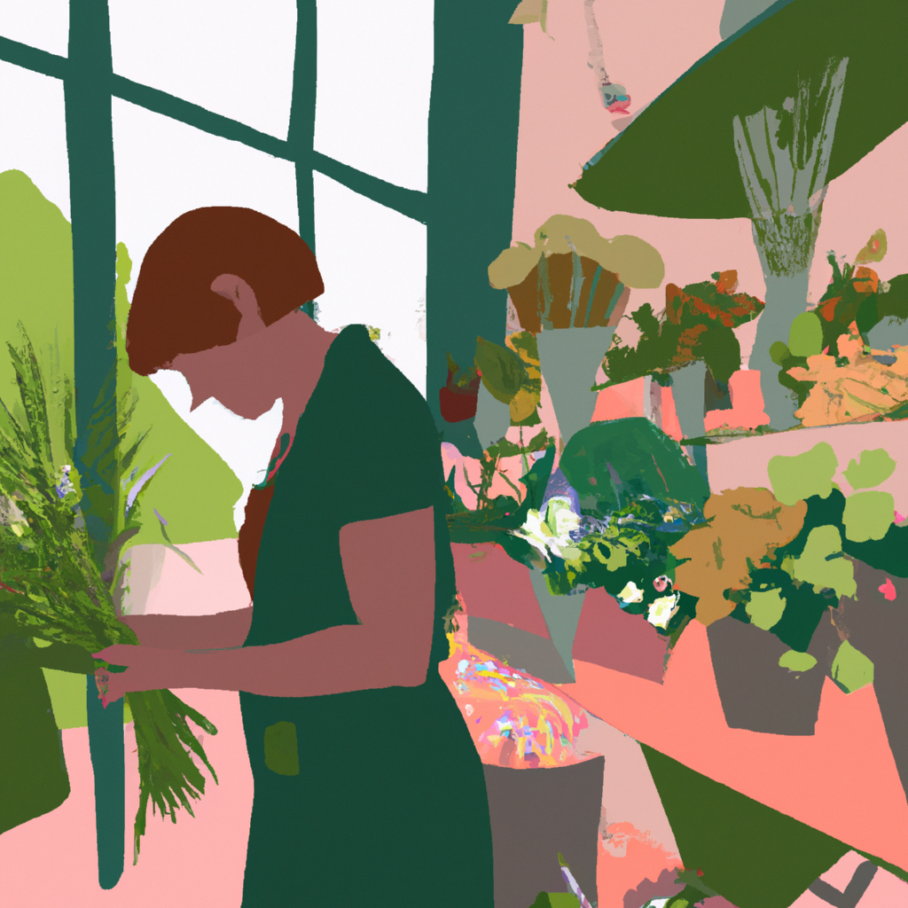 An artistic image of a florist arranging a vibrant bouquet in a quaint, sunlit shop filled with assorted flowers and greenery, embodying a serene and creative atmosphere.