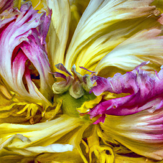 Close-up of various colorful flowers showing visible signs of mold growth, with detailed textures on petals and leaves in a mystical garden setting.