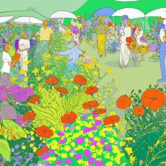 Vibrant marketplace bustling with diverse cultural groups of people joyously buying and selling a variety of colorful flowers, with a background depicting a lush, serene wildflower meadow, symbolizing