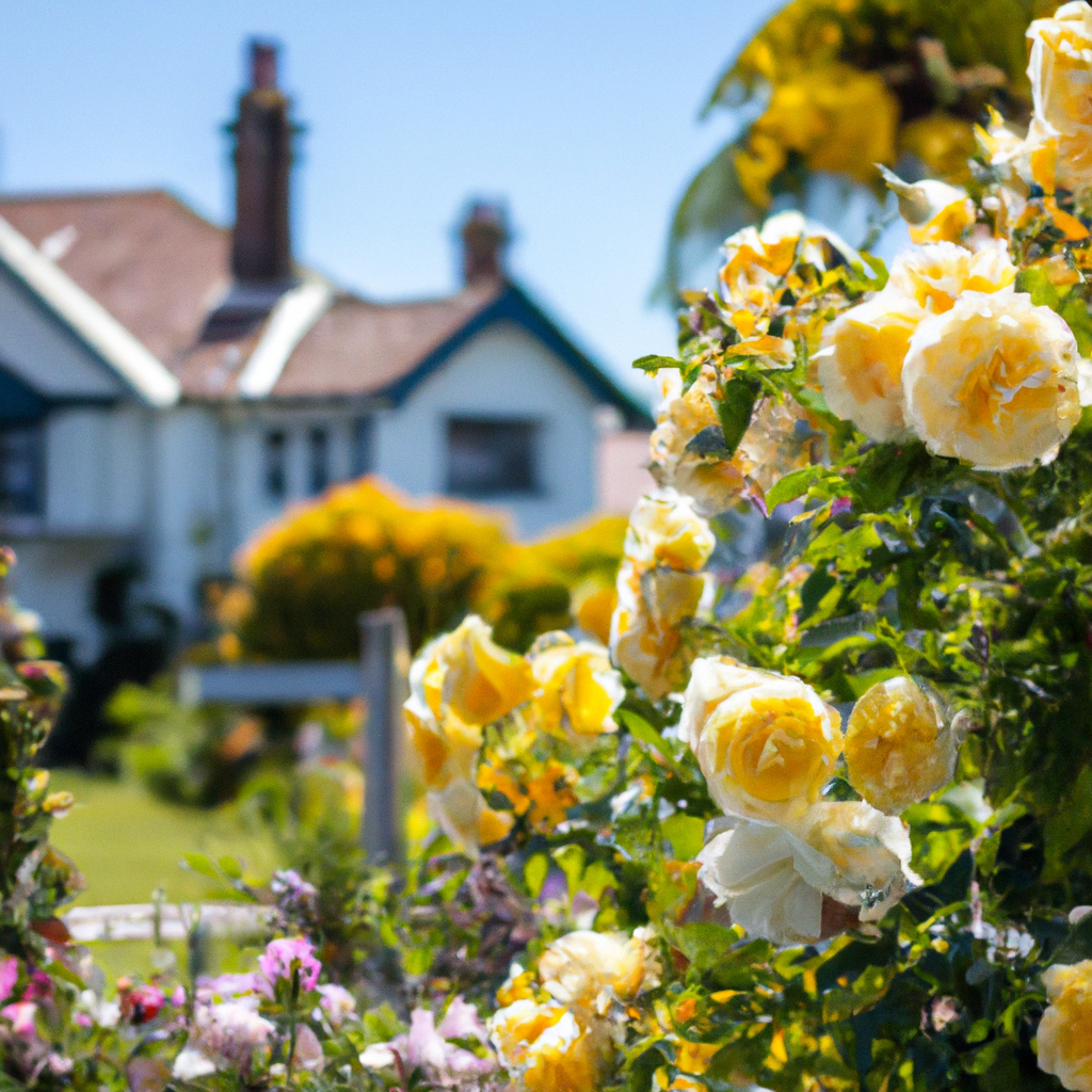 A vibrant garden in Christchurch filled with various types of yellow roses under a clear blue sky, showcasing close-up details of petals and leaves, with a soft focus background that includes traditio