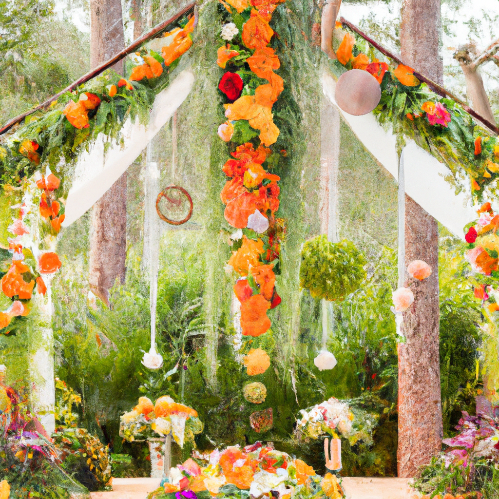 An elegant wedding venue filled with a variety of beautiful floral arrangements including bouquets, centerpieces, and floral arches, showcasing a blend of classic roses, exotic orchids, and wildflower