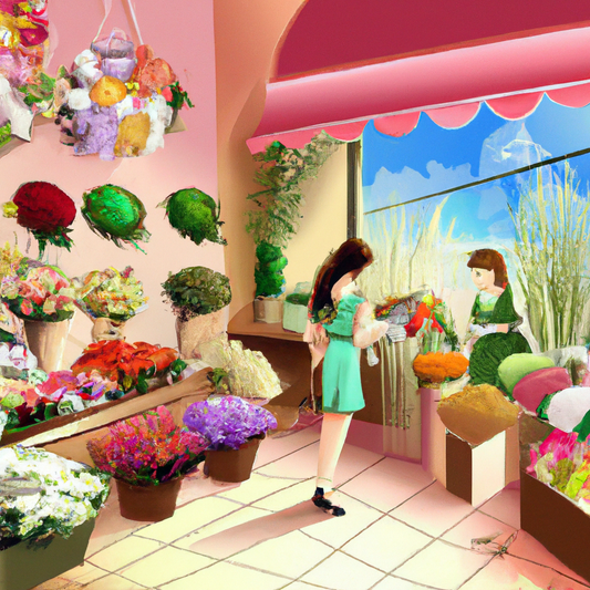 Create a digital artwork of a vibrant and sunny flower shop filled with various blossoms ideal for Mother's Day. The scene should include tulips, roses, and lilies in assorted colors, artfully arrange