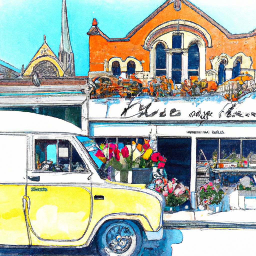 A picturesque scene of a flower delivery service in Christchurch, with a vibrant assortment of fresh flowers being carefully arranged by florists in a charming, vintage shop front. The background show
