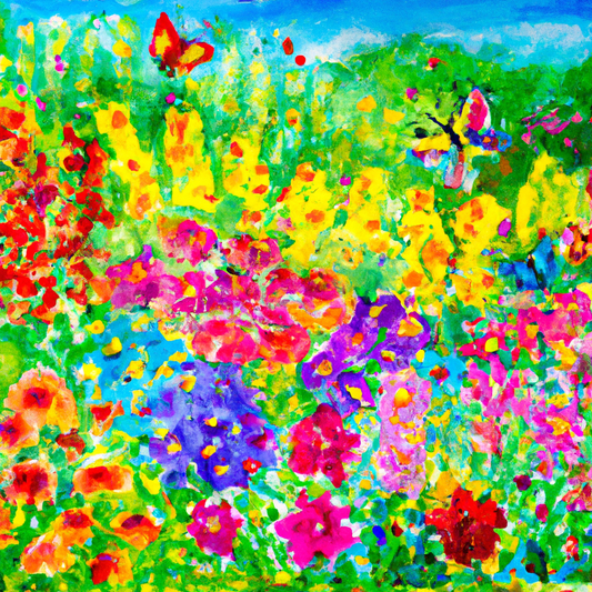 Vibrant watercolor painting of a diverse array of colorful flowers in a flourishing garden, showcasing nature's palette under a bright, sunny sky, with bees and butterflies pollinating the flowers