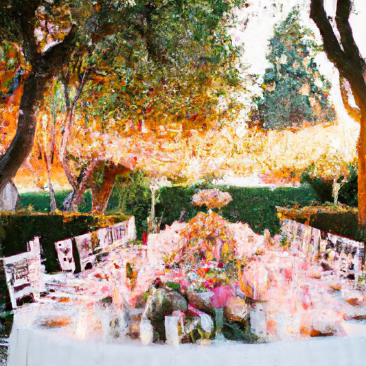 Create an elegant and magical wedding venue at sunset, featuring a sophisticated color palette of gold and blush pink. The scene is set in a lush garden with twinkling fairy lights hanging from ancien