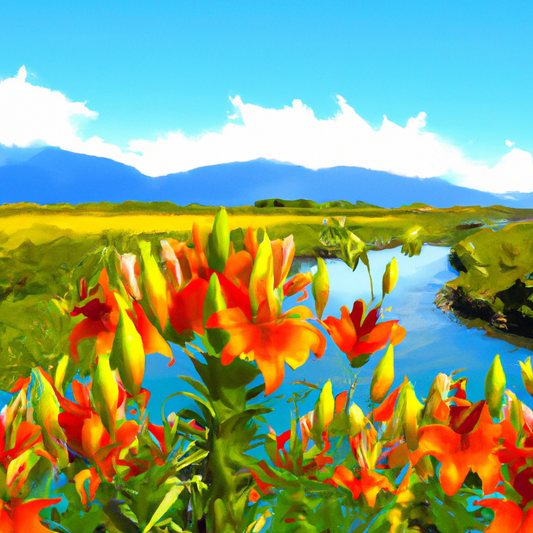 Stunning landscape of New Zealand with a vibrant field of blooming lilies under a clear blue sky, accompanied by distant mountains and a flowing river.