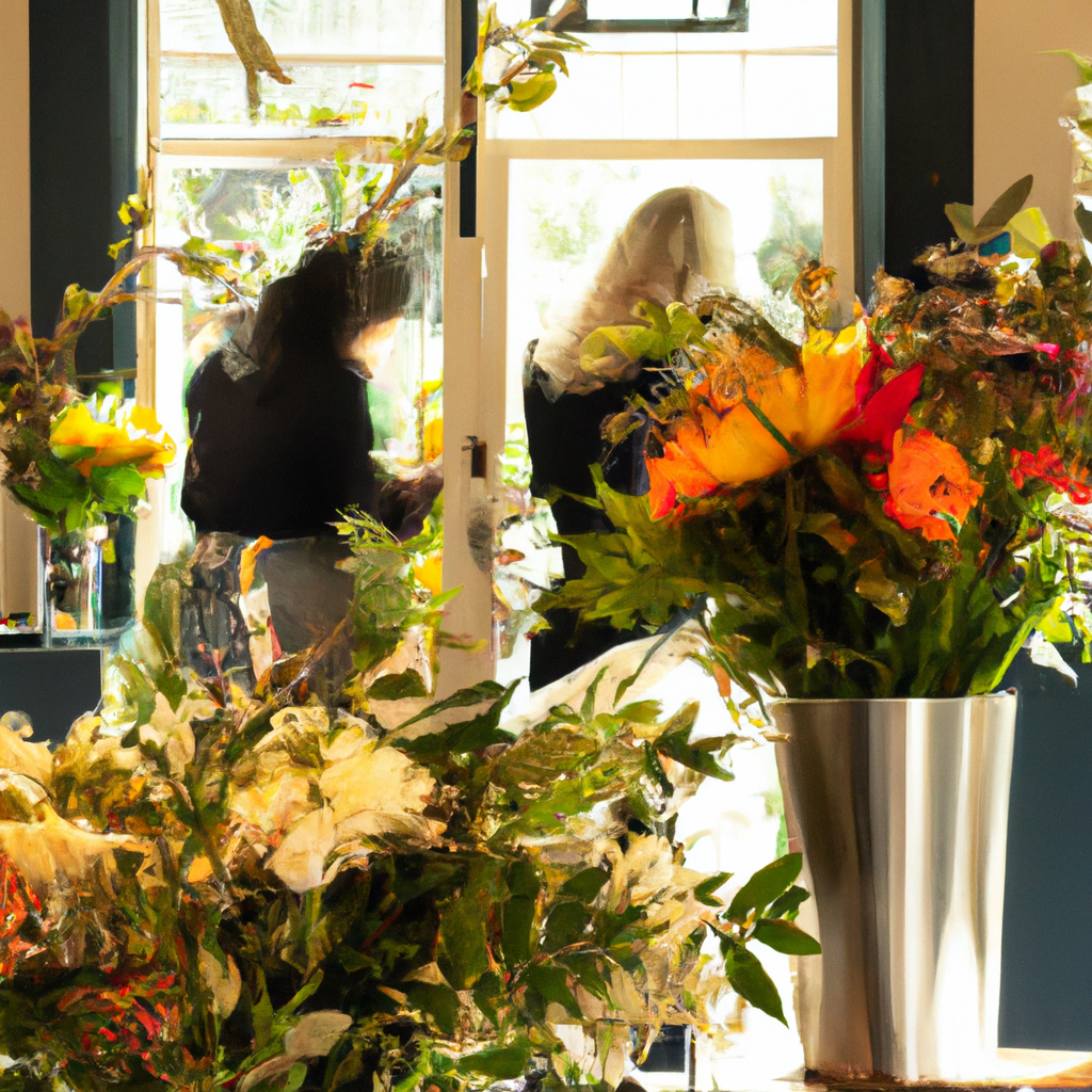Vibrant display of various bouquets and floral arrangements in the cozy, artistic interior of a boutique florist shop in Christchurch, with natural light streaming through large windows and happy cust