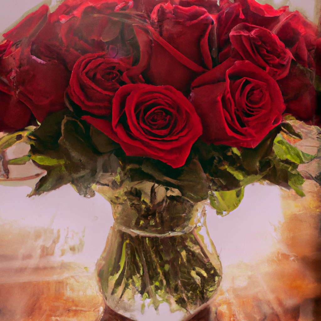 An elegant bouquet of twelve red roses arranged in a crystal vase, placed on a rustic wooden table with soft, diffused sunlight highlighting the delicate textures of the petals and leaves, evoking a f