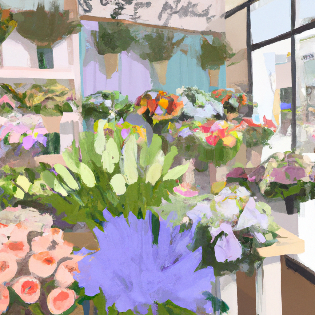 An elegant floral shop in Christchurch filled with a variety of vibrant bouquets on display, showcasing roses, tulips, and lilies, with a cheerful florist arranging flowers in the sunlit store.