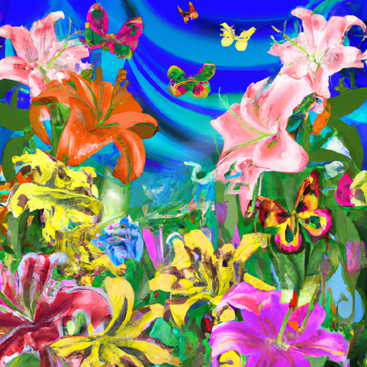 An enchanting garden filled with a variety of lilies in full bloom, showcasing a kaleidoscope of colors under a bright sunny sky, with butterflies fluttering around the petals.