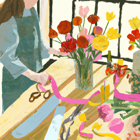 An artist in a sunlit floral studio, carefully arranging a vibrant and colorful bouquet of mixed flowers including roses, tulips, and peonies, with gardening tools, ribbons, and various vases scattere