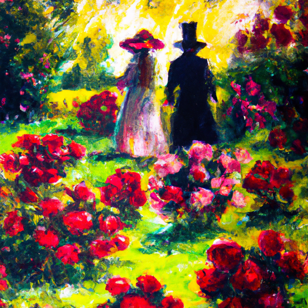 A vintage-style painting of a lush garden with an array of red roses blooming under a soft, golden sunset, with a couple in Victorian attire admiring the flowers, hinting at romance and the enduring s