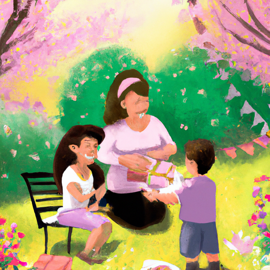 A warm, heartfelt scene of a multi-generational family having a picnic in a blooming garden, with children presenting homemade gifts to a smiling mother, surrounded by flowers and soft sunlight filter