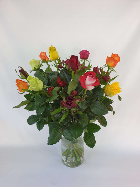 A dozen bright red, orange, yellow, and green roses.