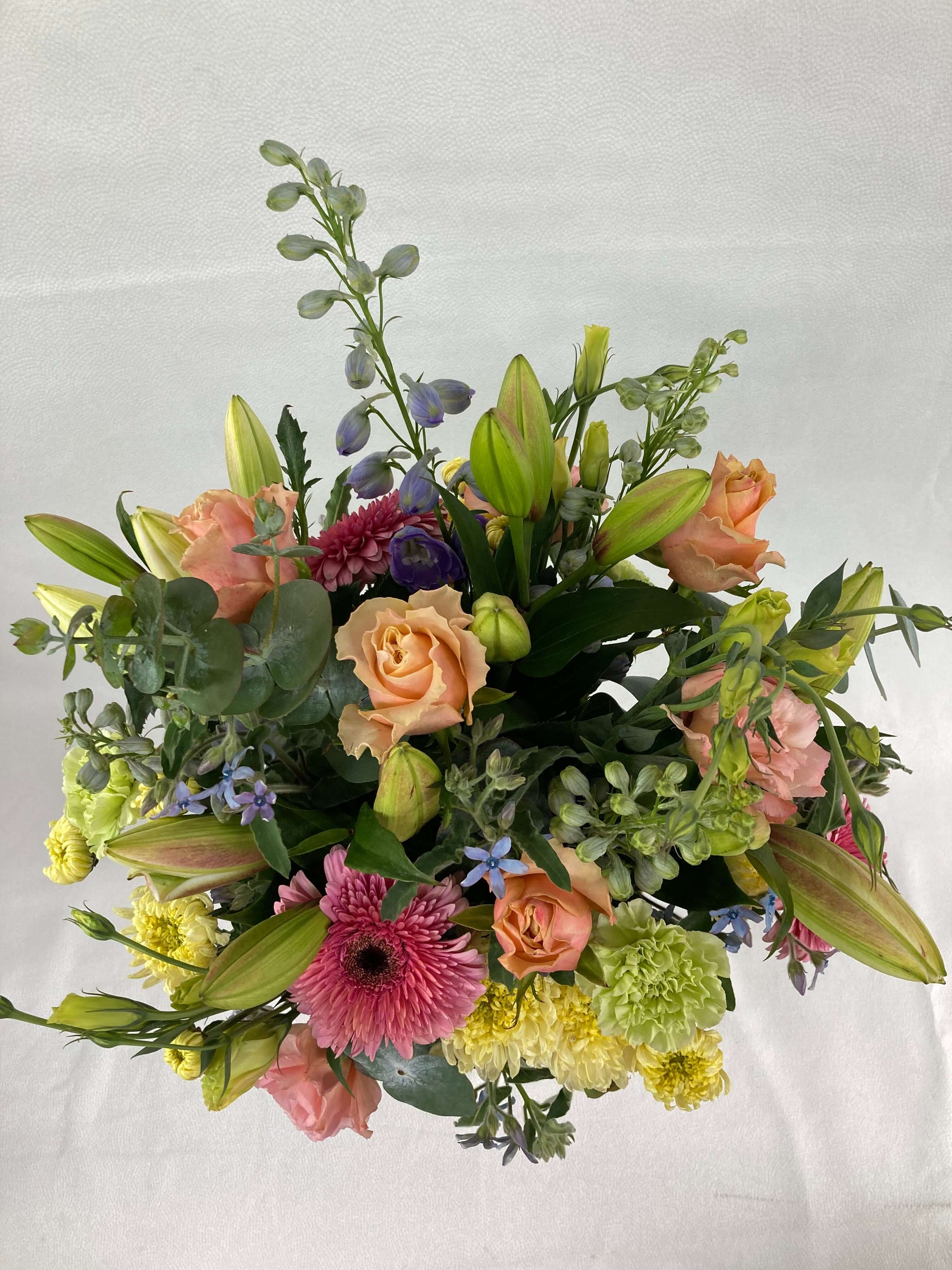 pastel bouquet at a birds-eye view