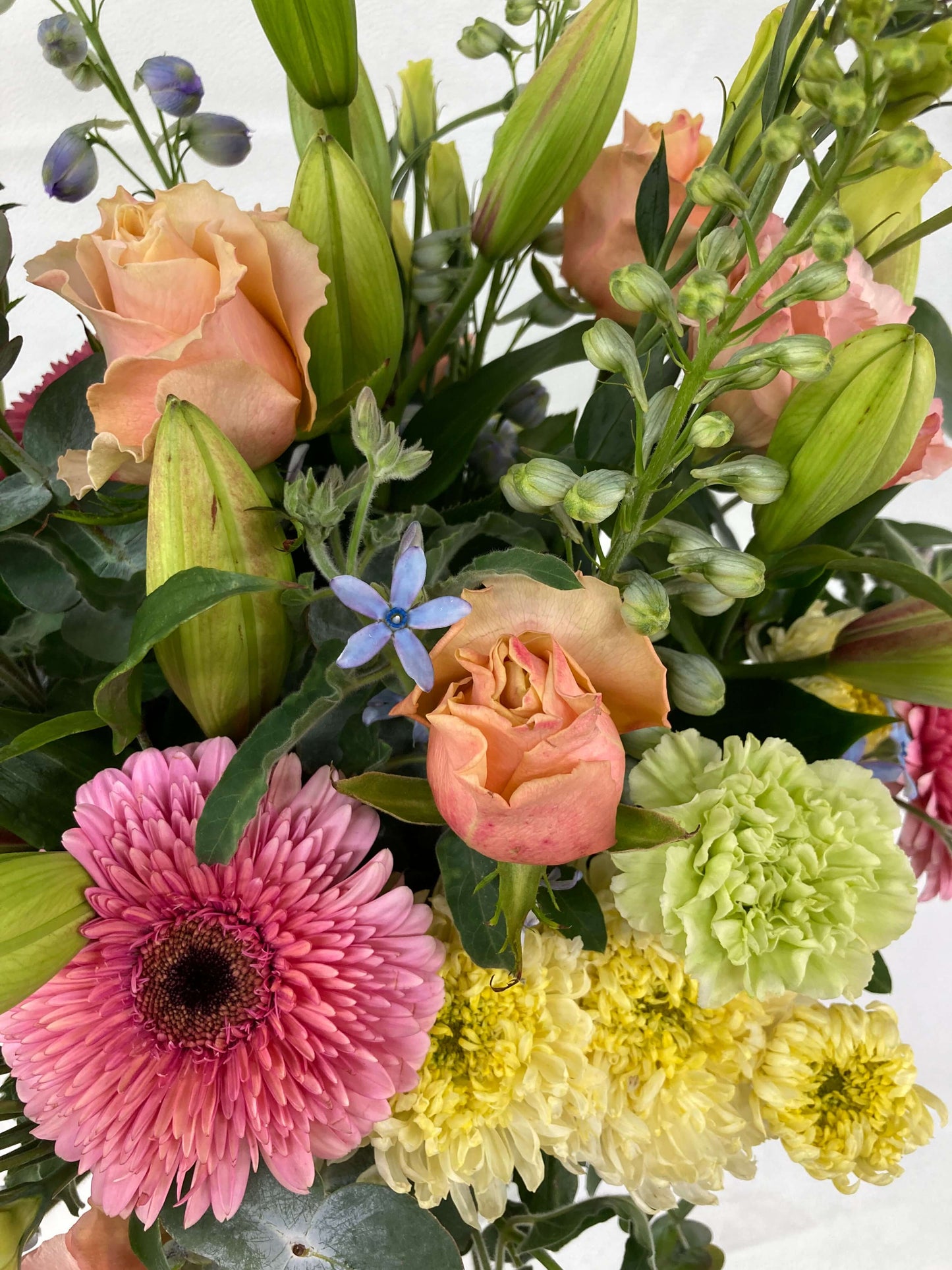 A pastel bouquet up close