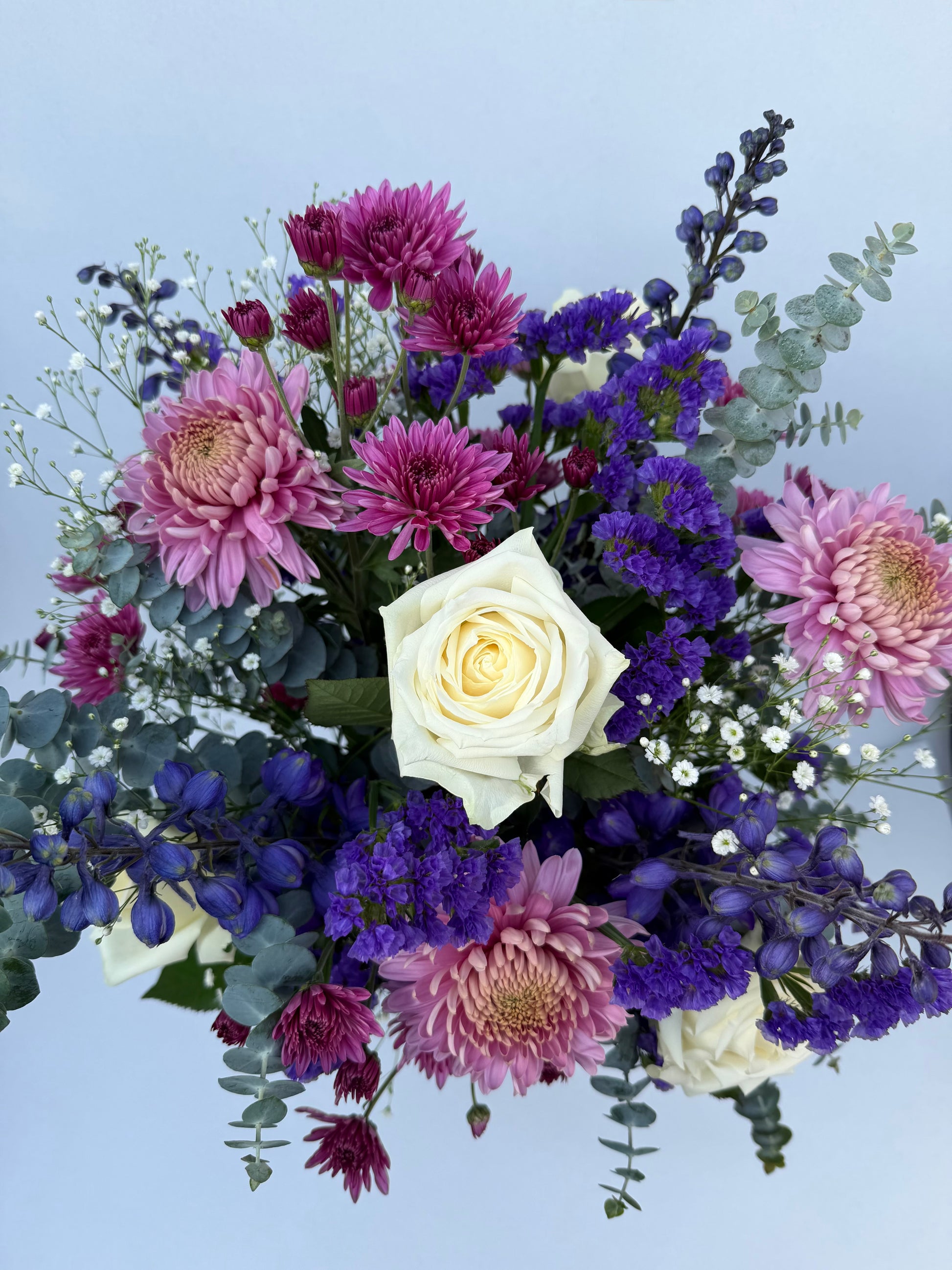 pink purple white bouquet from above