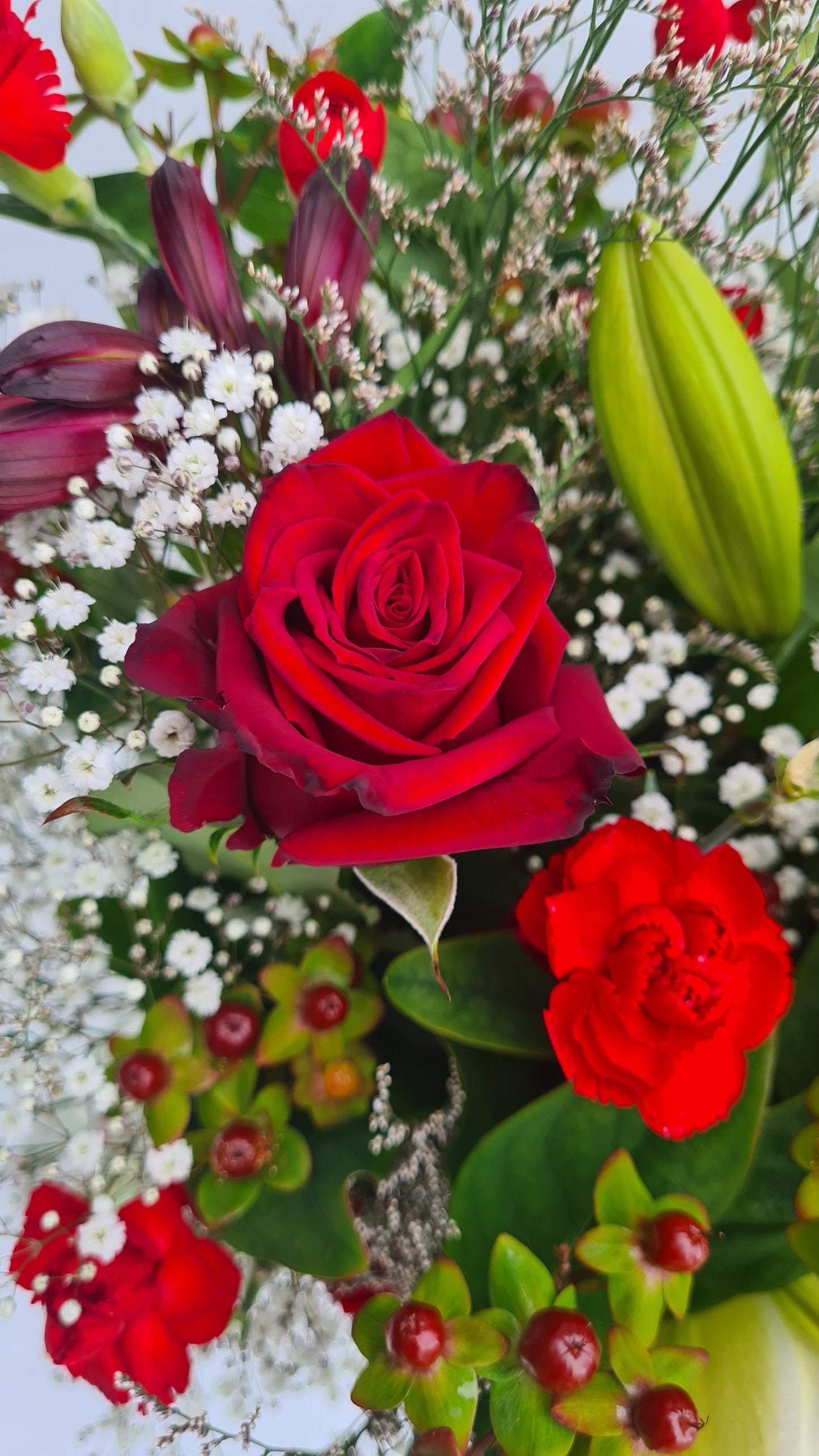 Bouquet of red roses and other flowers with a clear background